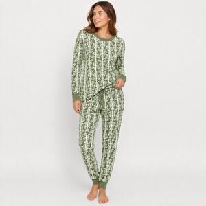 PACT | Organic Cotton Geo Tree Crew Jogger Lounge Set Green White| Size Large